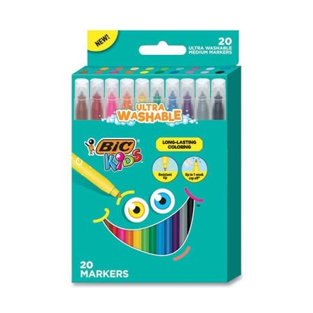 Bic KIDS ULTRA WASHABLE MARKERS, MEDIUM BULLET TIP, ASSORTED COLORS, 20/PACK BKCM20AST